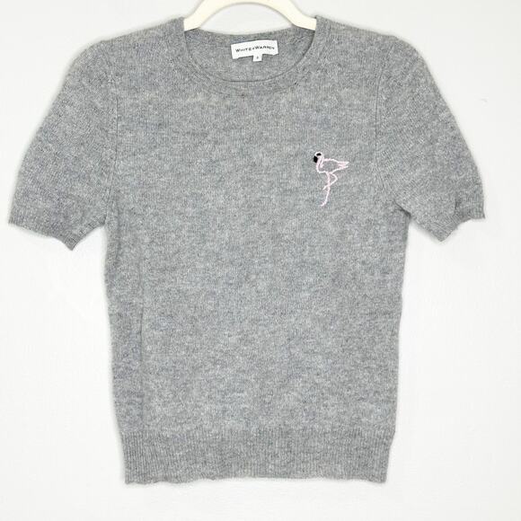 White + Warren Tops - White + Warren Gray Short Sleeve Cashmere Sweater with Pink Embroidered Flamingo